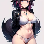 1girl Abs Animal Ears Aria Crystalplanet00 Bbc Chan Biting Black Hair Black Sclera Blue Eyes Breasts Colored Sclera Commentary C, 1172475071