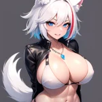 1girl Abs Animal Ears Aria Crystalplanet00 Bbc Chan Biting Black Hair Black Sclera Blue Eyes Breasts Colored Sclera Commentary C, 3990410380