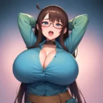 1girl Ahegao Breasts Butcherboy Fucked Silly Glasses Huge Breasts Pubic Hair Solo Arms Behind Back, 1030660243