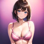 1girl Ai Generated Blue Eyes Blush Breasts Brown Hair Highres Large Breasts Light Smile Looking At Viewer Pink Background Short, 109923992