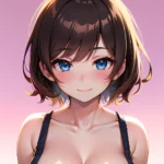 1girl Ai Generated Blue Eyes Blush Breasts Brown Hair Highres Large Breasts Light Smile Looking At Viewer Pink Background Short, 1283608315