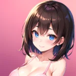 1girl Ai Generated Blue Eyes Blush Breasts Brown Hair Highres Large Breasts Light Smile Looking At Viewer Pink Background Short, 1435581926