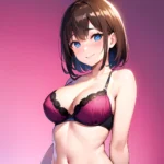 1girl Ai Generated Blue Eyes Blush Breasts Brown Hair Highres Large Breasts Light Smile Looking At Viewer Pink Background Short, 1801838073