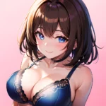 1girl Ai Generated Blue Eyes Blush Breasts Brown Hair Highres Large Breasts Light Smile Looking At Viewer Pink Background Short, 1963442248