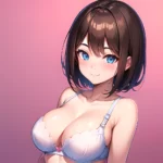 1girl Ai Generated Blue Eyes Blush Breasts Brown Hair Highres Large Breasts Light Smile Looking At Viewer Pink Background Short, 2049525298