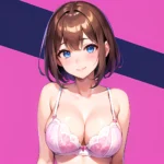 1girl Ai Generated Blue Eyes Blush Breasts Brown Hair Highres Large Breasts Light Smile Looking At Viewer Pink Background Short, 2248343851