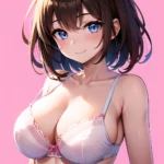 1girl Ai Generated Blue Eyes Blush Breasts Brown Hair Highres Large Breasts Light Smile Looking At Viewer Pink Background Short, 2427201452