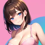 1girl Ai Generated Blue Eyes Blush Breasts Brown Hair Highres Large Breasts Light Smile Looking At Viewer Pink Background Short, 2563112673