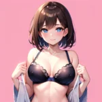 1girl Ai Generated Blue Eyes Blush Breasts Brown Hair Highres Large Breasts Light Smile Looking At Viewer Pink Background Short, 2671422224