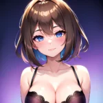 1girl Ai Generated Blue Eyes Blush Breasts Brown Hair Highres Large Breasts Light Smile Looking At Viewer Pink Background Short, 298754225