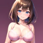 1girl Ai Generated Blue Eyes Blush Breasts Brown Hair Highres Large Breasts Light Smile Looking At Viewer Pink Background Short, 3581928374