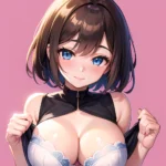 1girl Ai Generated Blue Eyes Blush Breasts Brown Hair Highres Large Breasts Light Smile Looking At Viewer Pink Background Short, 3710961203