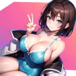1girl Ai Generated Blue Eyes Blush Breasts Brown Hair Highres Large Breasts Light Smile Looking At Viewer Pink Background Short, 3800094623