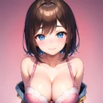 1girl Ai Generated Blue Eyes Blush Breasts Brown Hair Highres Large Breasts Light Smile Looking At Viewer Pink Background Short, 3942688142