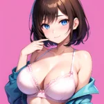 1girl Ai Generated Blue Eyes Blush Breasts Brown Hair Highres Large Breasts Light Smile Looking At Viewer Pink Background Short, 4035720051