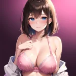 1girl Ai Generated Blue Eyes Blush Breasts Brown Hair Highres Large Breasts Light Smile Looking At Viewer Pink Background Short, 4099051382