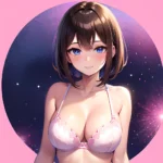 1girl Ai Generated Blue Eyes Blush Breasts Brown Hair Highres Large Breasts Light Smile Looking At Viewer Pink Background Short, 4164532724
