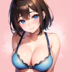 1girl Ai Generated Blue Eyes Blush Breasts Brown Hair Highres Large Breasts Light Smile Looking At Viewer Pink Background Short, 804347654