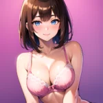 1girl Ai Generated Blue Eyes Blush Breasts Brown Hair Highres Large Breasts Light Smile Looking At Viewer Pink Background Short, 804438515
