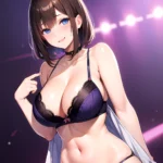1girl Ai Generated Blue Eyes Blush Breasts Brown Hair Highres Large Breasts Light Smile Looking At Viewer Purple Background Shor, 1106166332