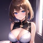 1girl Ai Generated Blue Eyes Blush Breasts Brown Hair Highres Large Breasts Light Smile Looking At Viewer Purple Background Shor, 1664835344