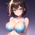 1girl Ai Generated Blue Eyes Blush Breasts Brown Hair Highres Large Breasts Light Smile Looking At Viewer Purple Background Shor, 1924959945