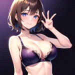 1girl Ai Generated Blue Eyes Blush Breasts Brown Hair Highres Large Breasts Light Smile Looking At Viewer Purple Background Shor, 2134765646