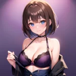 1girl Ai Generated Blue Eyes Blush Breasts Brown Hair Highres Large Breasts Light Smile Looking At Viewer Purple Background Shor, 2260095072