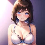 1girl Ai Generated Blue Eyes Blush Breasts Brown Hair Highres Large Breasts Light Smile Looking At Viewer Purple Background Shor, 2851048418