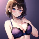 1girl Ai Generated Blue Eyes Blush Breasts Brown Hair Highres Large Breasts Light Smile Looking At Viewer Purple Background Shor, 3061069465
