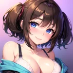 1girl Ai Generated Blue Eyes Blush Breasts Brown Hair Highres Large Breasts Light Smile Looking At Viewer Purple Background Shor, 3454507004
