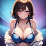 1girl Ai Generated Blue Eyes Blush Breasts Brown Hair Highres Large Breasts Light Smile Looking At Viewer Purple Background Shor, 3628555598