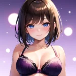 1girl Ai Generated Blue Eyes Blush Breasts Brown Hair Highres Large Breasts Light Smile Looking At Viewer Purple Background Shor, 412784870
