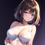 1girl Ai Generated Blue Eyes Blush Breasts Brown Hair Highres Large Breasts Light Smile Looking At Viewer Purple Background Shor, 4214138906