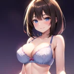 1girl Ai Generated Blue Eyes Blush Breasts Brown Hair Highres Large Breasts Light Smile Looking At Viewer Purple Background Shor, 457292654