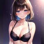 1girl Ai Generated Blue Eyes Blush Breasts Brown Hair Highres Large Breasts Light Smile Looking At Viewer Purple Background Shor, 515810409