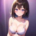1girl Ai Generated Blue Eyes Blush Breasts Brown Hair Highres Large Breasts Light Smile Looking At Viewer Purple Background Shor, 778407121