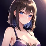 1girl Ai Generated Blue Eyes Blush Breasts Brown Hair Highres Large Breasts Light Smile Looking At Viewer Purple Background Shor, 787723793
