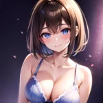 1girl Ai Generated Blue Eyes Blush Breasts Brown Hair Highres Large Breasts Light Smile Looking At Viewer Purple Background Shor, 860036687