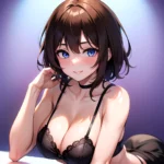 1girl Ai Generated Blue Eyes Blush Breasts Brown Hair Highres Large Breasts Light Smile Looking At Viewer Purple Background Shor, 876155210