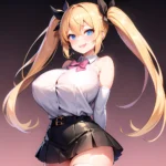 1girl Aymusk Belt Black Skirt Blonde Hair Blue Eyes Blush Bow Bowtie Breasts Curvy Elbow Gloves Fang Gloves Gradient Background, 1164615202