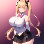 1girl Aymusk Belt Black Skirt Blonde Hair Blue Eyes Blush Bow Bowtie Breasts Curvy Elbow Gloves Fang Gloves Gradient Background, 1629350240