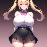 1girl Aymusk Belt Black Skirt Blonde Hair Blue Eyes Blush Bow Bowtie Breasts Curvy Elbow Gloves Fang Gloves Gradient Background, 1890439897