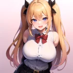 1girl Aymusk Belt Black Skirt Blonde Hair Blue Eyes Blush Bow Bowtie Breasts Curvy Elbow Gloves Fang Gloves Gradient Background, 2602568248