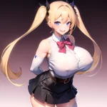 1girl Aymusk Belt Black Skirt Blonde Hair Blue Eyes Blush Bow Bowtie Breasts Curvy Elbow Gloves Fang Gloves Gradient Background, 2649821720