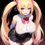 1girl Aymusk Belt Black Skirt Blonde Hair Blue Eyes Blush Bow Bowtie Breasts Curvy Elbow Gloves Fang Gloves Gradient Background, 3011107422