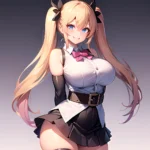 1girl Aymusk Belt Black Skirt Blonde Hair Blue Eyes Blush Bow Bowtie Breasts Curvy Elbow Gloves Fang Gloves Gradient Background, 3078738376