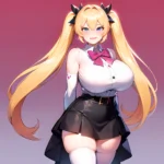 1girl Aymusk Belt Black Skirt Blonde Hair Blue Eyes Blush Bow Bowtie Breasts Curvy Elbow Gloves Fang Gloves Gradient Background, 3164086535