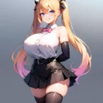 1girl Aymusk Belt Black Skirt Blonde Hair Blue Eyes Blush Bow Bowtie Breasts Curvy Elbow Gloves Fang Gloves Gradient Background, 3242614206