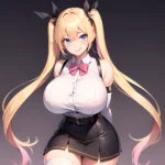 1girl Aymusk Belt Black Skirt Blonde Hair Blue Eyes Blush Bow Bowtie Breasts Curvy Elbow Gloves Fang Gloves Gradient Background, 326402594